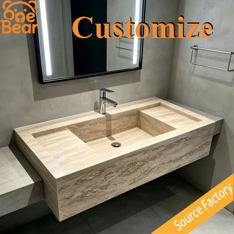Wall Mounted Travertine Bathroom Vanity Wabi Sabi Retro Natural Stone Floating Sink Multi‑Size Home Bath Wash Basin Furniture