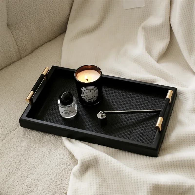 Light Luxury Black Gold Tray Home Decoration Hotel Model Room Metal Handle Tray Entrance Hall Jewelry Table Storage Leather Tray