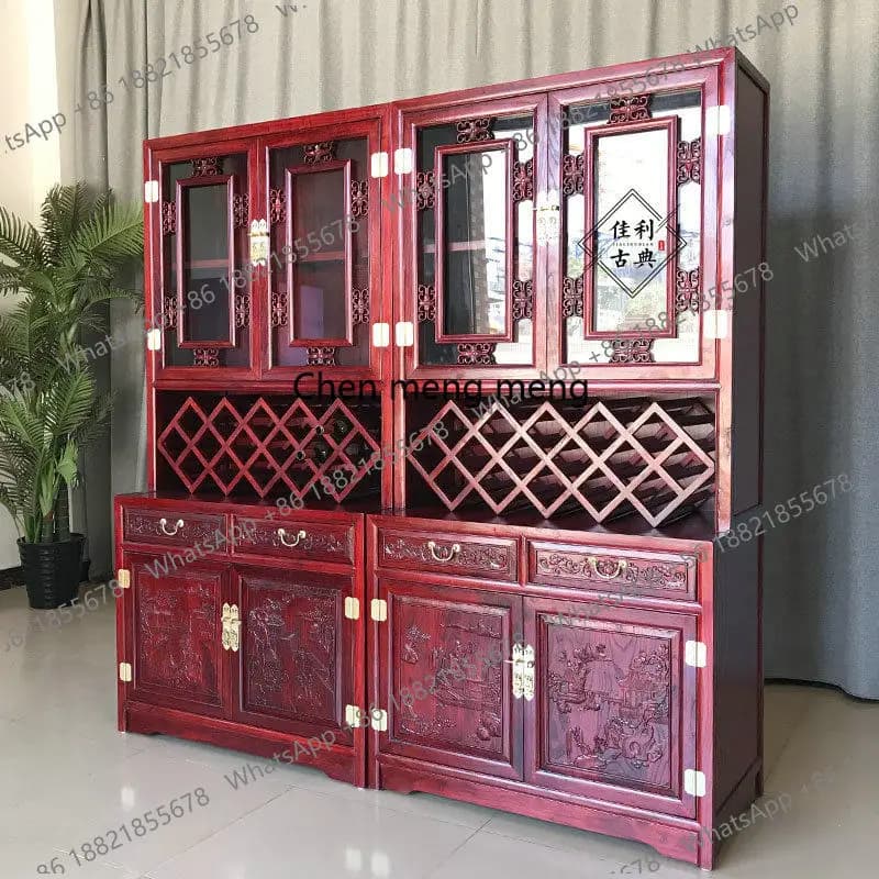 Solid wood Chinese living room two three door wine cabinet old elm partition locker carving