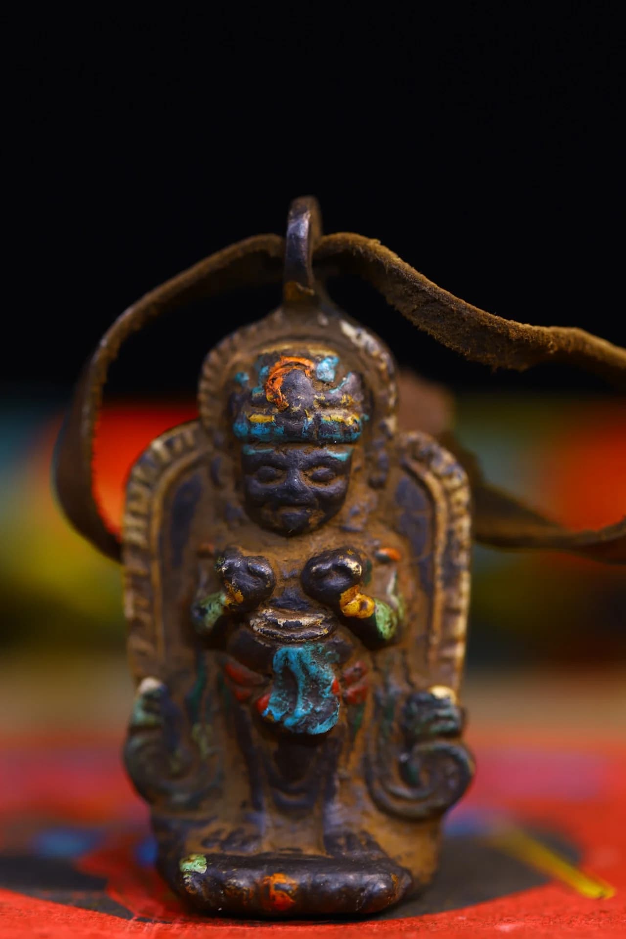 2"Tibetan Temple Collection Old Bronze Painted Cinnabar Zakiram Six Word Proverbs Buddha Card Pendant Amulet Town house Exorcism