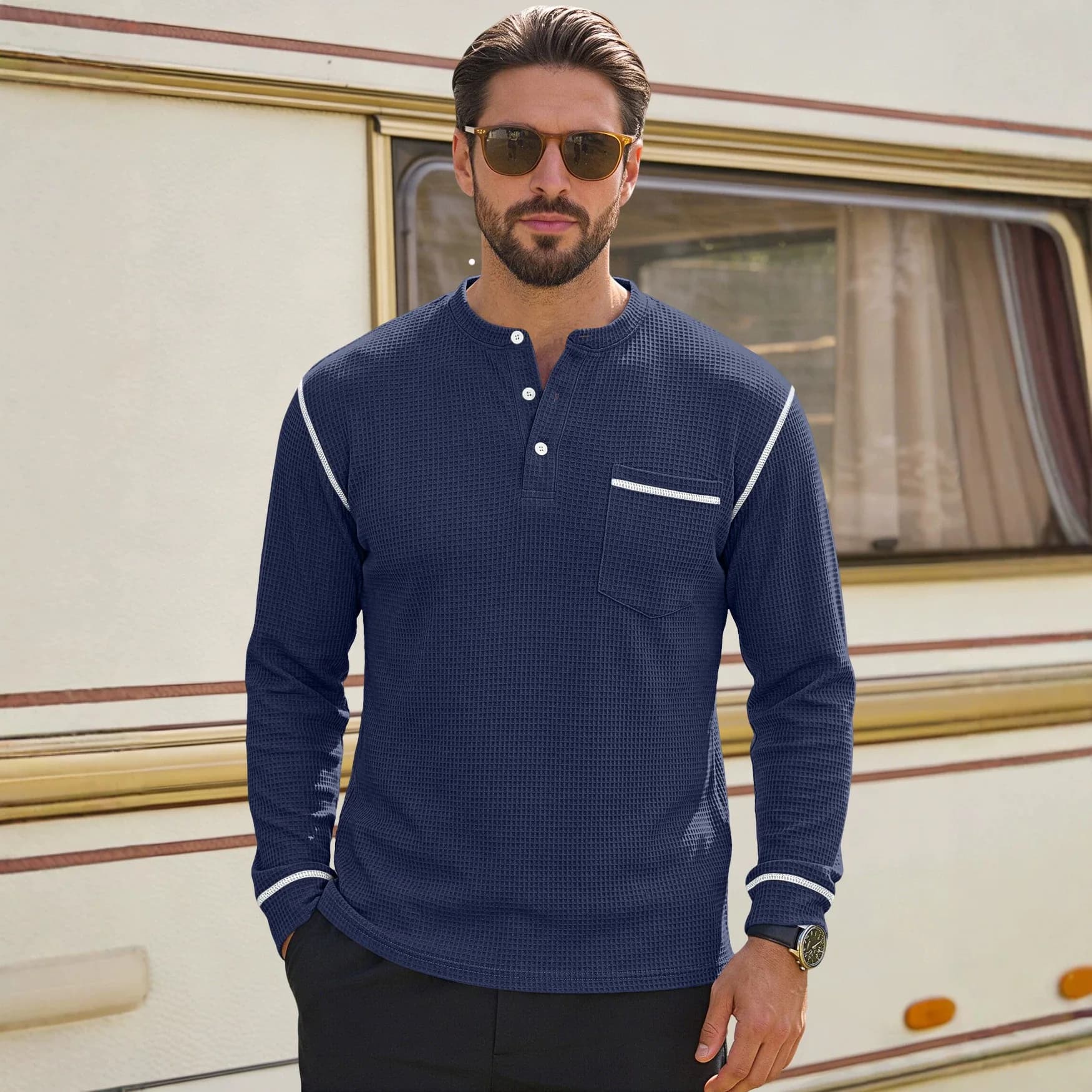New men's waffle long-sleeved shirt with patch-style buttons, Henry collar, pocket-style casual outdoor sports men's polo shirt