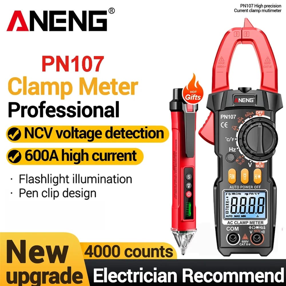 ANENG PN107 Digital Clamp Meter Kit Non‑Contact AC DC Current Voltage Resistance Tester Free Gift VC1010 Voltage Detector Pen