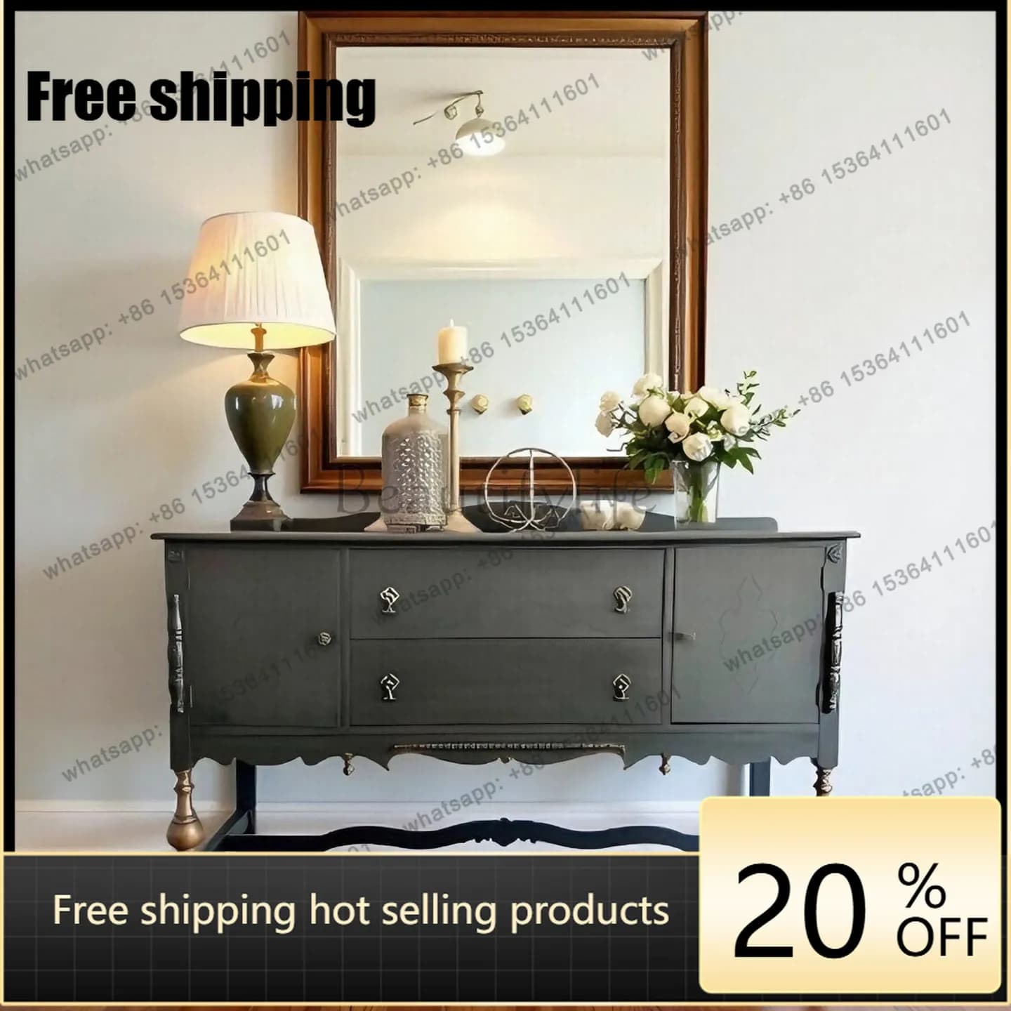 LD33 French retro solid wood carving flower entrance cabinet country villa household dining side cabinet