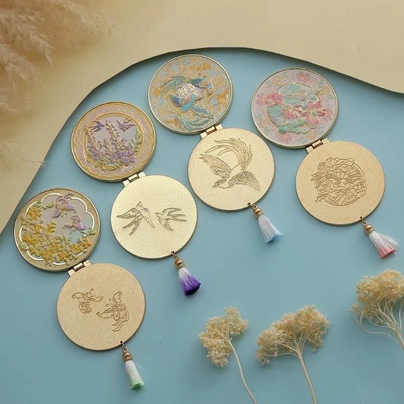 Flower Design Compact Mirror, Chinese Style Metal Makeup Mirror Handheld Mirror Folding Portable Cosmetic Handheld Mirror