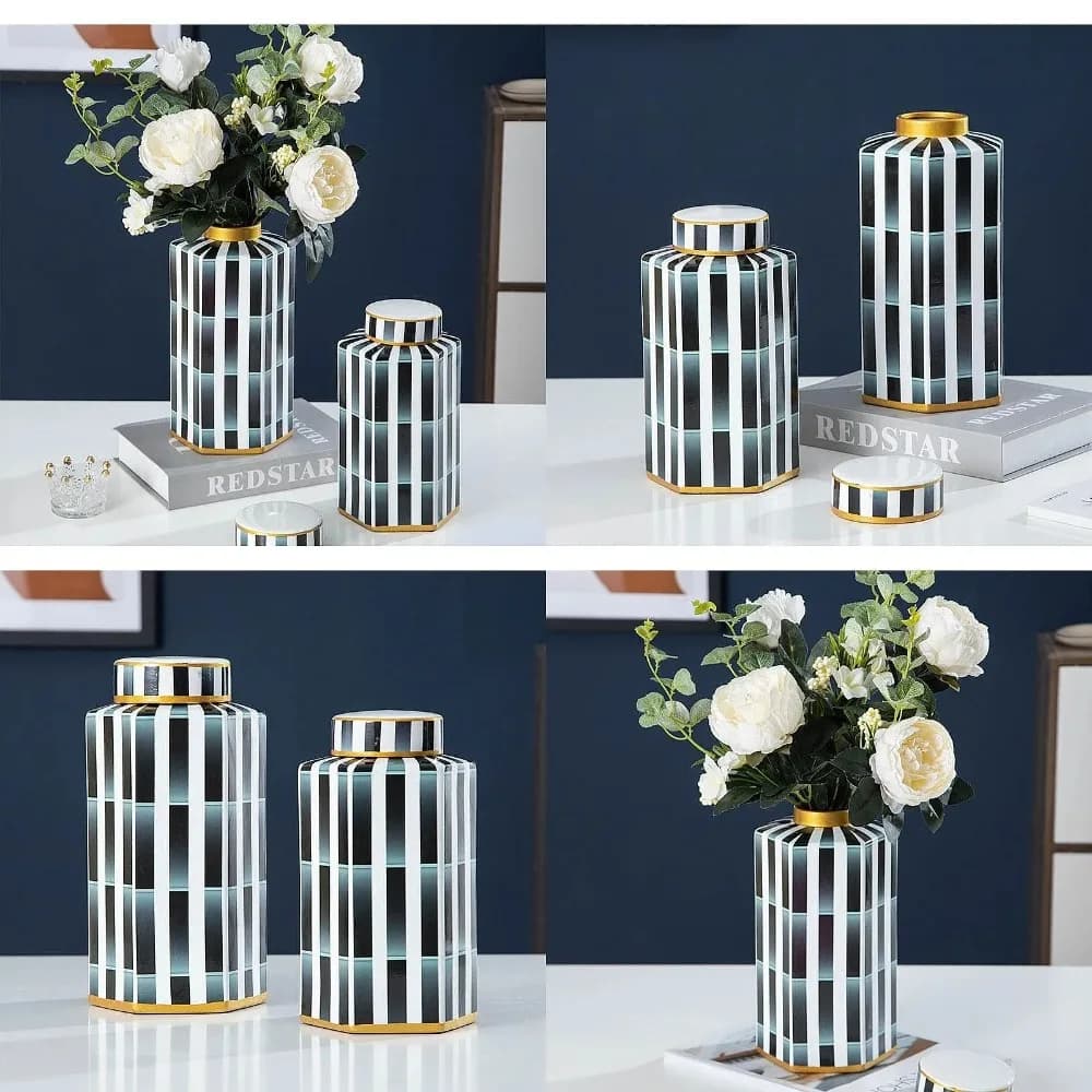 Hexagon Ceramic Storage Jar with Lid Porcelain Vase Flower Desk Cosmetic Modern Decor