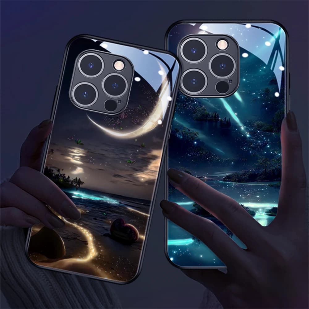 2025 Pretty Galaxy Beach Smart LED Light Glow Tempered Glass Phone Case For iPhone Air 18 17 16 E 15 14 13 12 11 Pro Max Plus