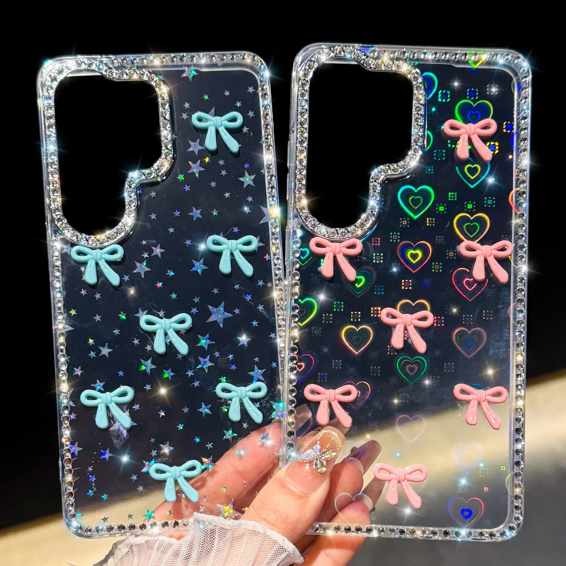 Stylish Diamond Frame Bow Phone Case for Samsung Galaxy S26 S25 S24 S23 A56 A16 A55 Sand Glitter IMD Shockproof Protection Cover