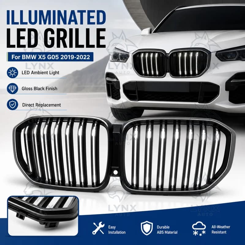 For BMW X5 G05 2019-2022 Double Line Gloss Black Illuminated LED Grille Double Bar Gloss Black Replacement Front Grille