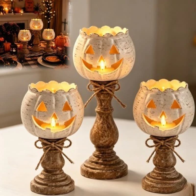 Halloween White Pumpkin Candle Holder Resin Craft Ornament, Elegant Lantern Figurine for Tabletop Home Decor & Festive Display
