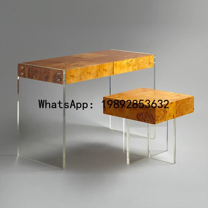 XL Acrylic Desk with Tree Bark Surface, Organic Glass and Metal Combination Writing Desk Office Desk