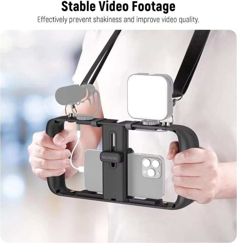 Universal Smartphone Video Holder, Phone Stabilizer Handle with Neck Strap, Video Blog Holder with Cold Shoe Tripod Holder