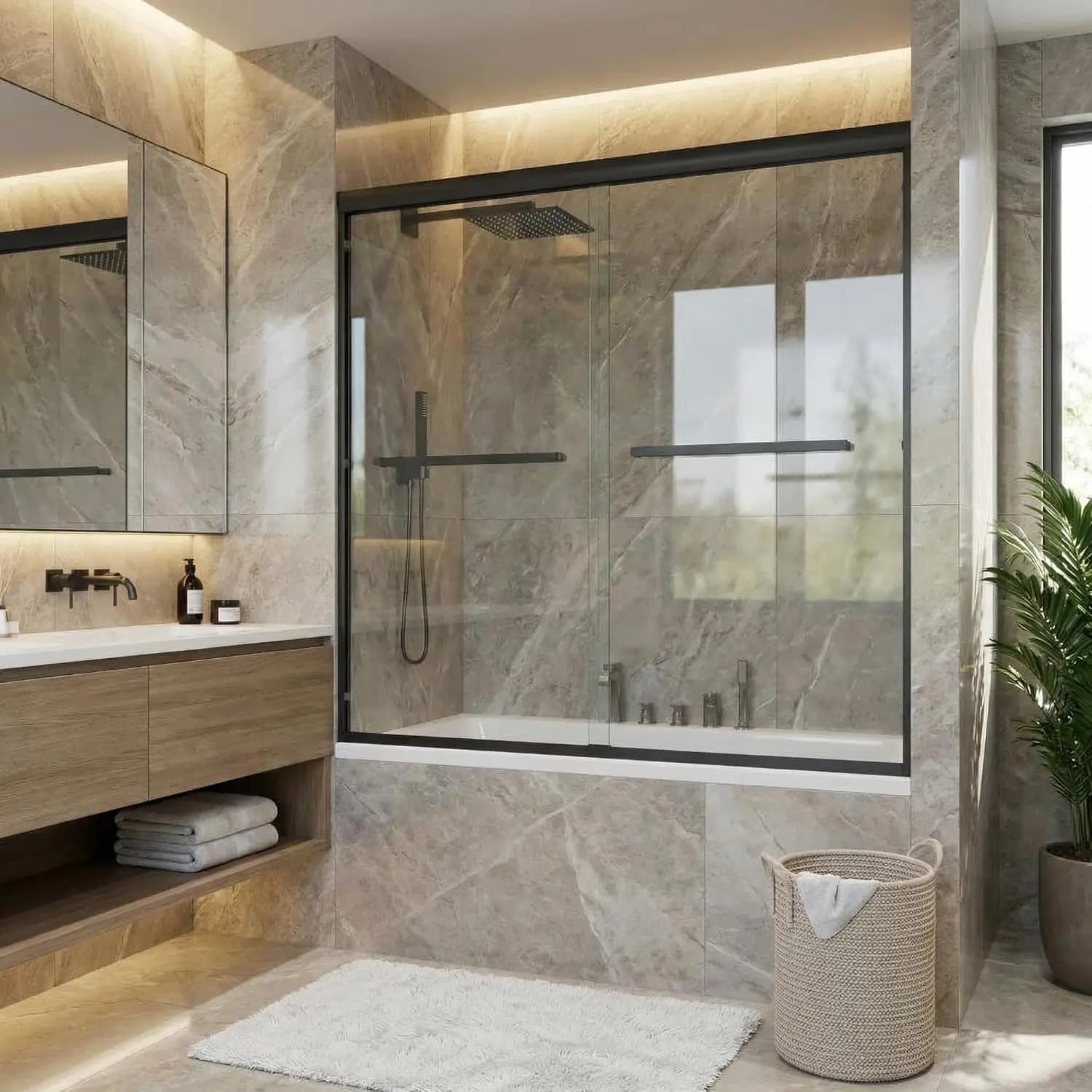 Aluminum Shower Door 60x59 inch with 6mm Tempered Glass, Matte Black Finish, Double Sliding Doors, for Tub, Customized