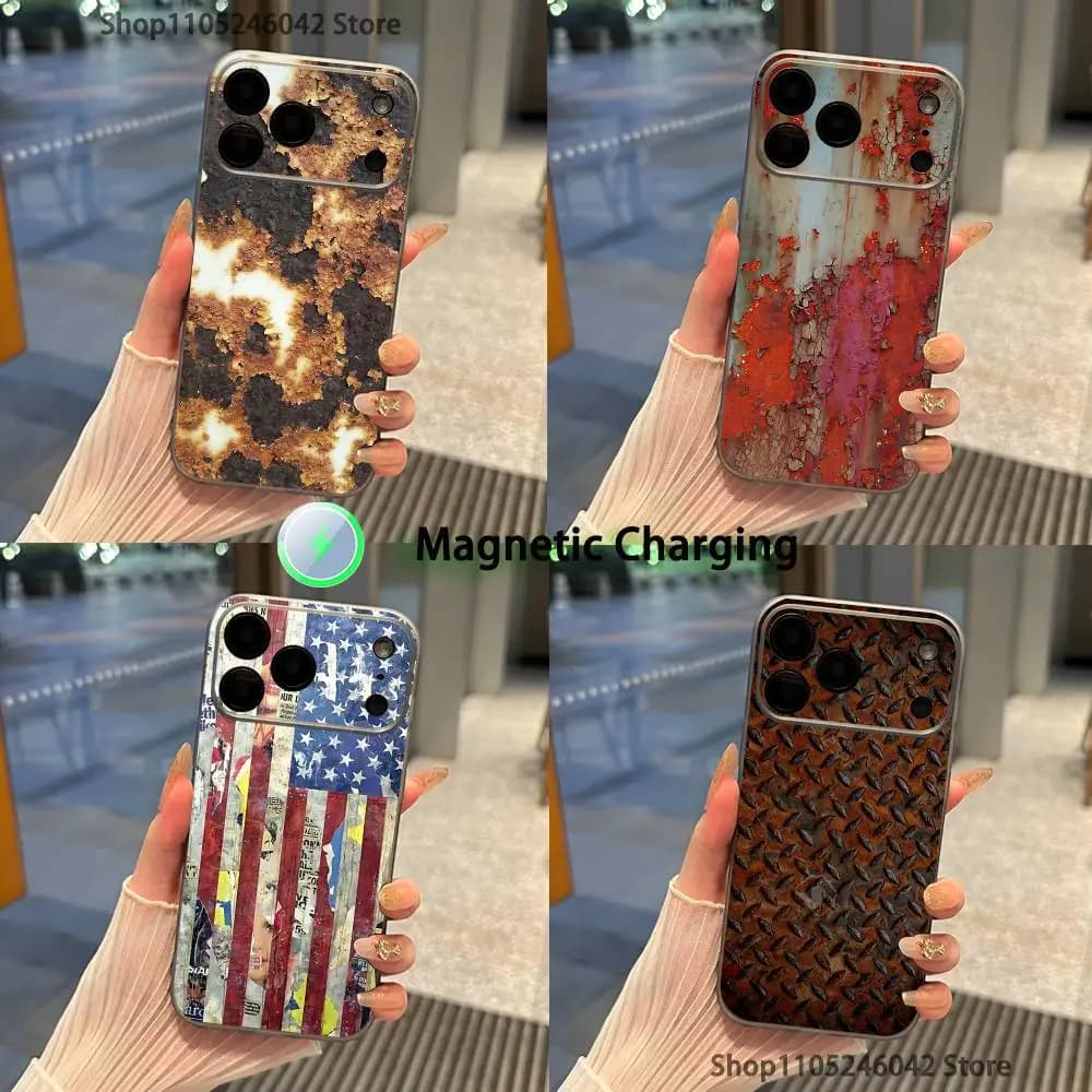 Retro Industrial Style Rusty For iPhone 18,17,16,15,14,13,12,Pro,Max,Plus Transparent gray Phone Case Magnetic Wireless Charging