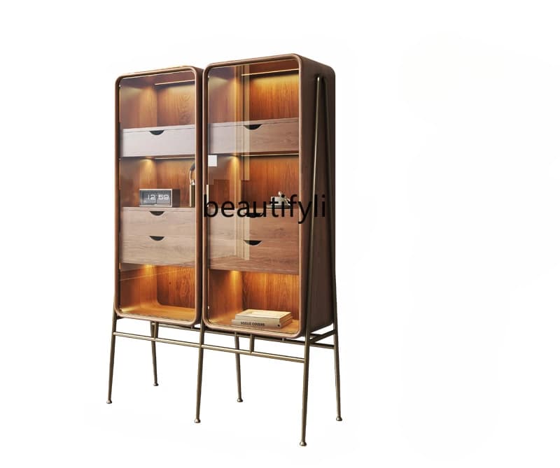 Retro living room wall glass wine cabinet household display cabinet light luxury bookcase high-end restaurant solid wood