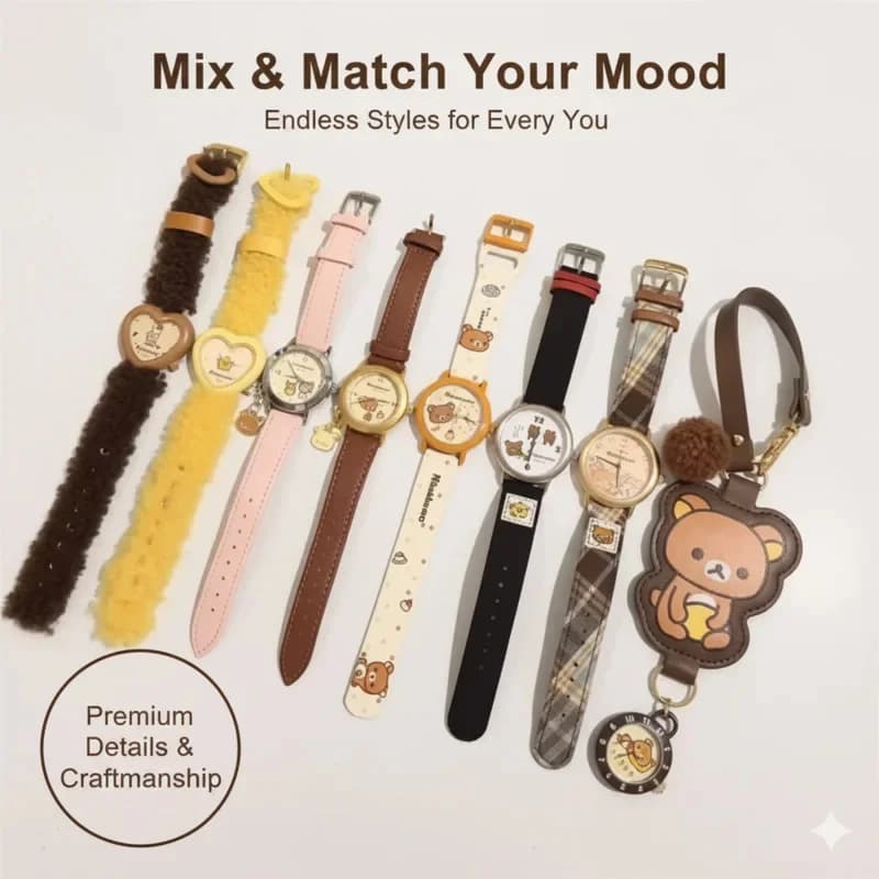 Cute Cartoon Bear Quartz Wrist Watch Soft Plush Leather Strap Collectible Gift For Teen Girls Fans Birthday Christmas Gift