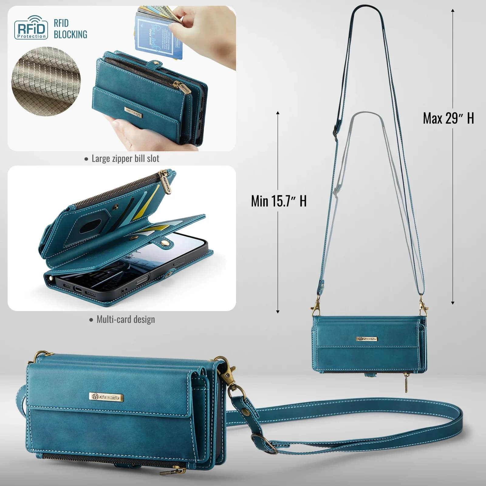 Caseme-C39 Wallet Case For Samsung Galaxy S20 S21 S22 S23 S24 S25 Plus/Ultra, edge Zipper Card Holder Money Bag 2 Straps Cover