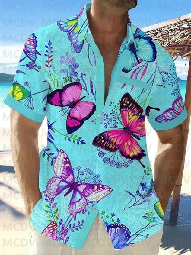 Vintage Butterfly Print Chest Shirt Plus Size Men's Shirt Hawaiian Shirts