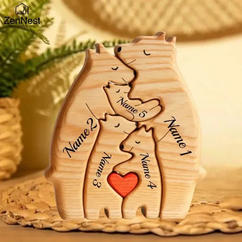 Art Wooden Bear Family Puzzle Personalized Name Custom Home Decor Thanksgiving Christmas Heartwarming Gift for  Family and Mom