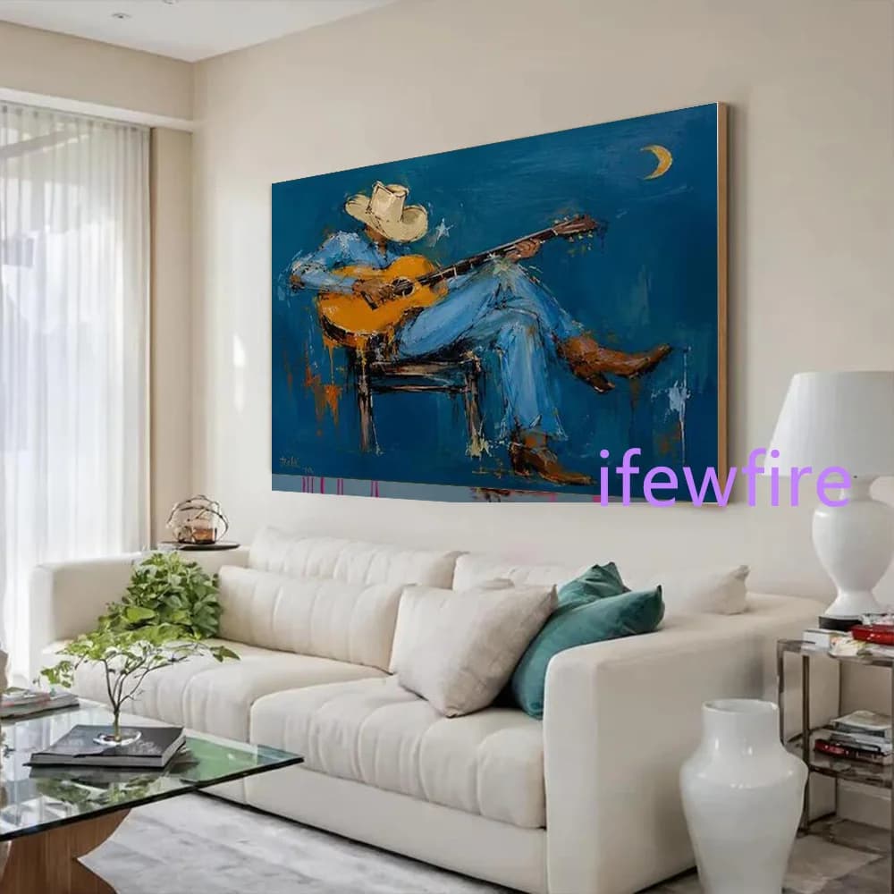 100% Handmade Abstract Oil Painting on Canvas Mural Thick Layer Fashion Guitarist Wall Art Picture for Living Room Decor Image