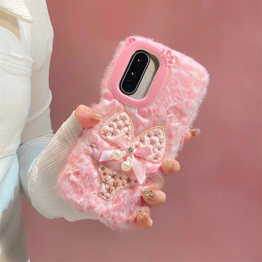Retro Pink Leopard Bikini Fuzzy Plush Phone Case for S26 Ultra Cute Bow Pearl Protective Cover for Samsung Galaxy S25 S23 A57