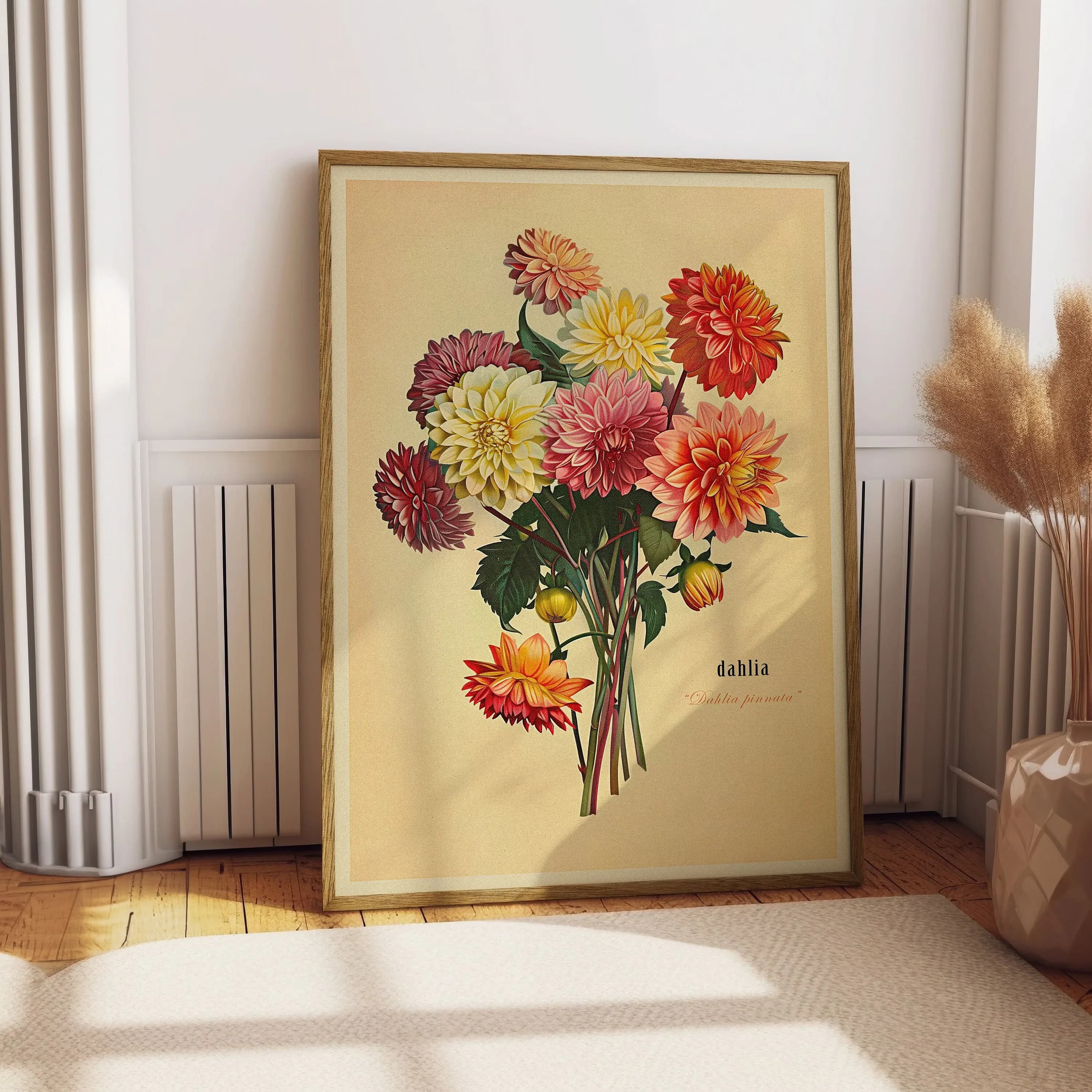 Vintage Bouquet of Dahlias Print Antique Flower Illustration Botanical Painting Earth Tones Flowery Bedroom Decor Retro Poster