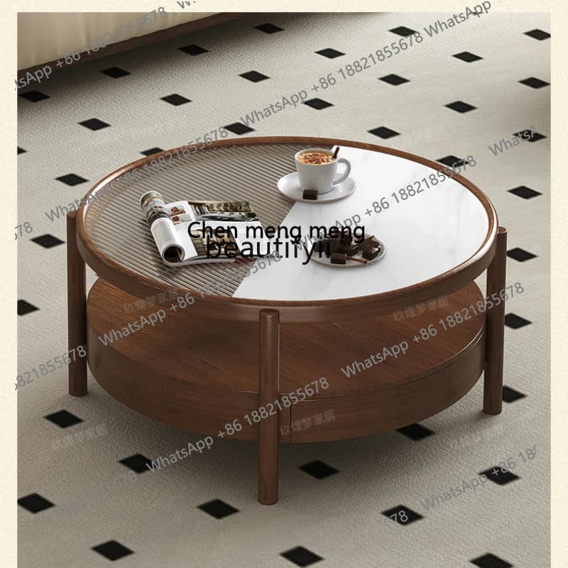 Japanese-Style Solid Wood French Retro Living Room Household Glass Double Layer Walnut round Tea Table