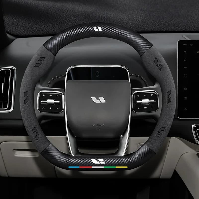 Suede Carbon Fiber Embossed Steering Wheel Cover 38CM For Leading Ideal One Li Auto L9 L6 L8 L7 Car Interior Accessories