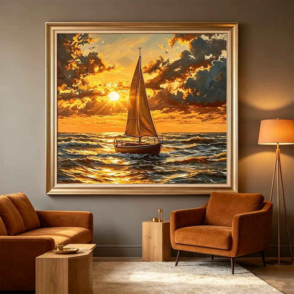 Sunset Seascape Poster Sailing Boat HD Art Mural Waterproof Wall Decor Durable DIY Home Decoration for Living Room Bedroom