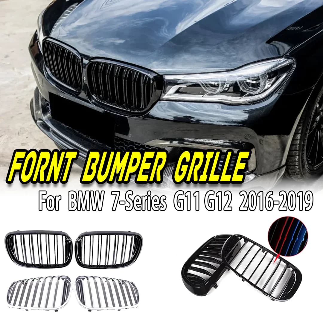 For BMW 7 Series G11 G12 2015-2019 Chrome Double Slat Front Kidney Grilles, Diamond Mesh Racing Grill Replacement for 740i 750i