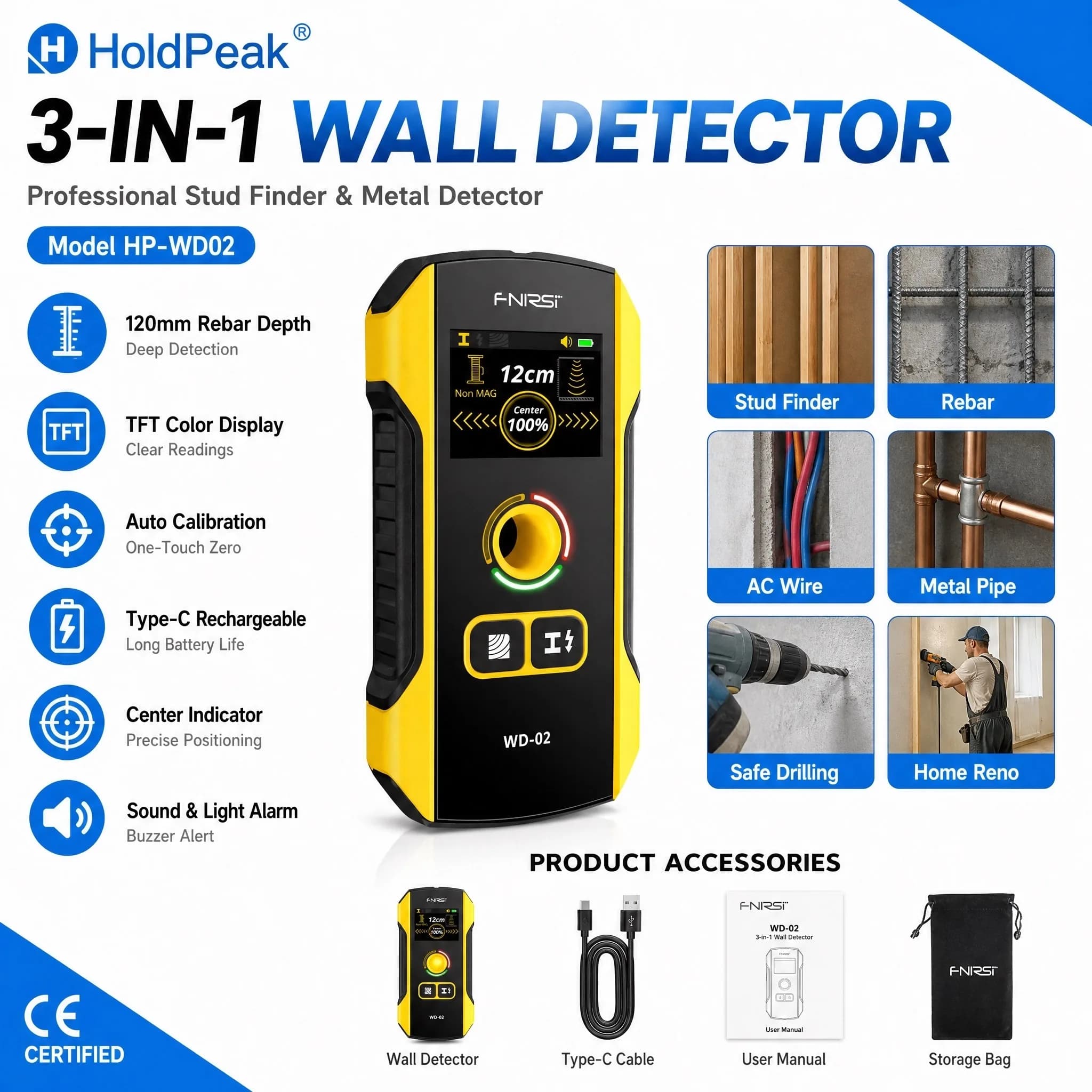 FNIRSI WD-02 Wall Detector 3 Modes Metal AC Cable Wood Finder 120mm Depth TFT Color Screen LED Beep for Renovation