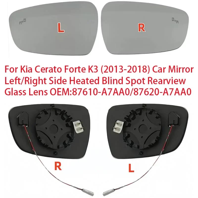 For Kia Cerato Forte K3 (2013-2018) Car Mirror Left/Right Side Heated Blind Spot Rearview Glass Lens OEM:87610-A7AA0/87620-A7AA0