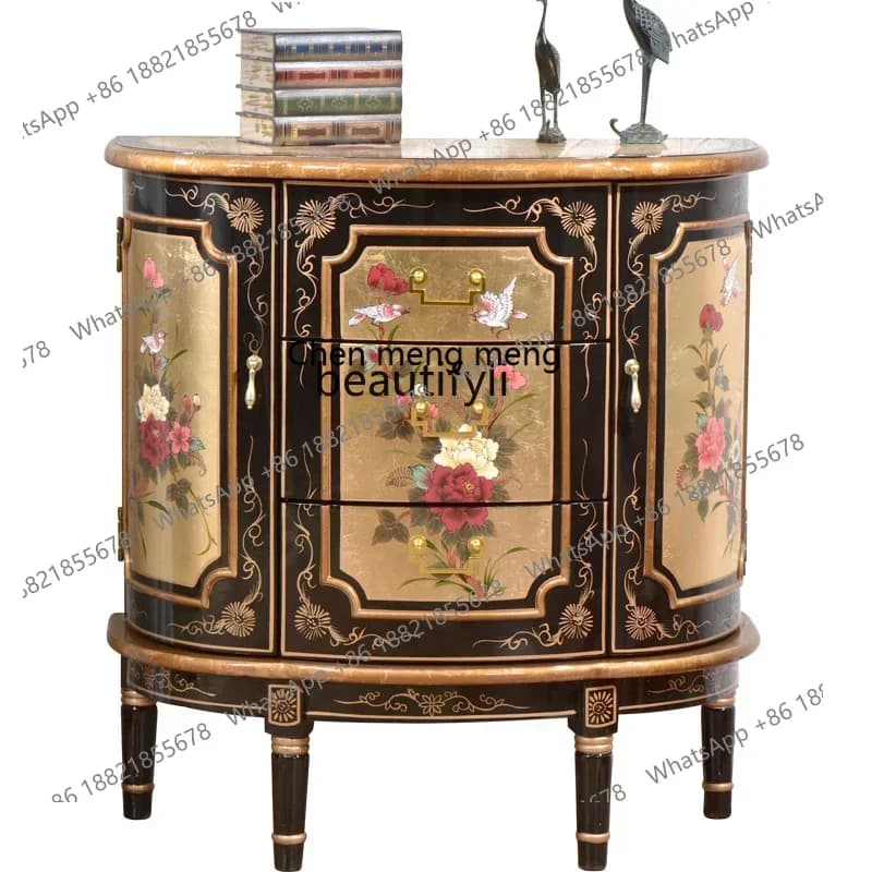 D178 New Chinese entrance cabinet, retro painted gold foil decorative cabinet, storage partition, American entrance cabinet