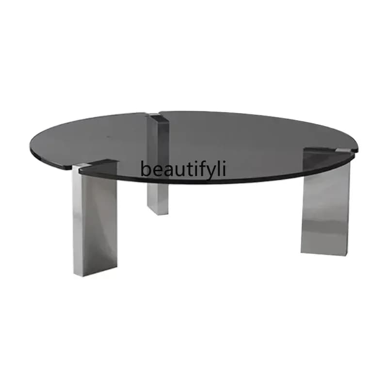 Light Luxury Coffee Table Mirror Stainless Steel Thickened Tempered Glass round Large Table Simple