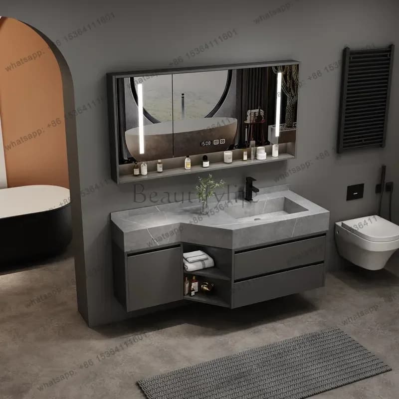 Oblique cut corner rock slab solid wood bathroom cabinet narrow side washbasin cabinet special-shaped washbasin cabinet