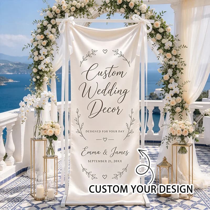 1pc Custom Wedding Welcome Sign Satin Fabric Banner, Custom Text Wedding Backdrop for Ceremony, Wedding Entrance Hanging Banner