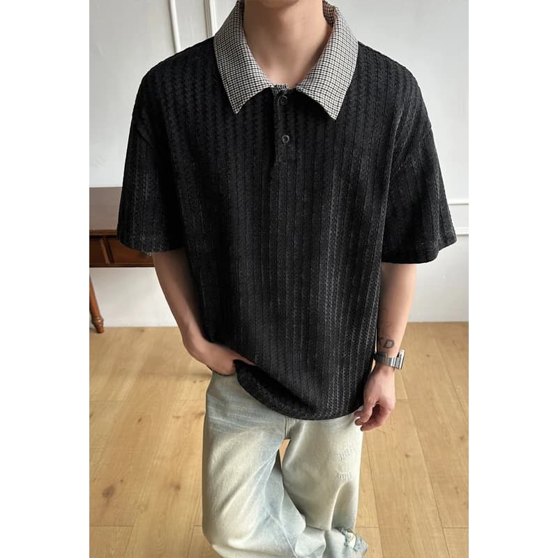 Streetwear Men's Oversized Polo Shirt Contrast Plaid Collar Textured Fabric Irregular Hem Casual Summer 2026
