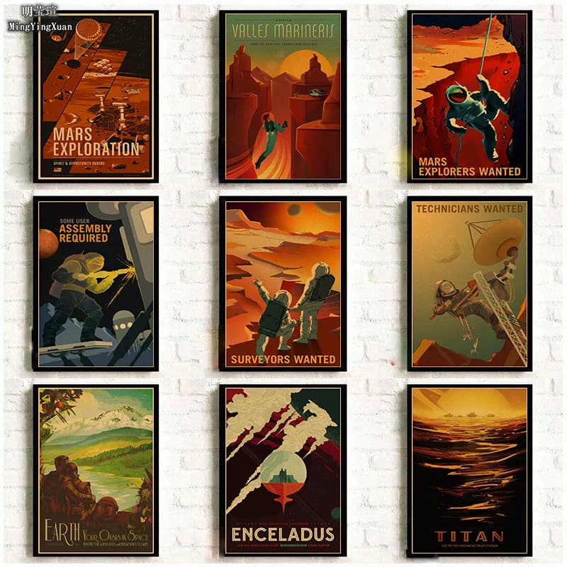 Vintage Outer Space Visions of the Future Travel Collection Poster - Retro Kraft Paper Wall Art Painting for Home Decor