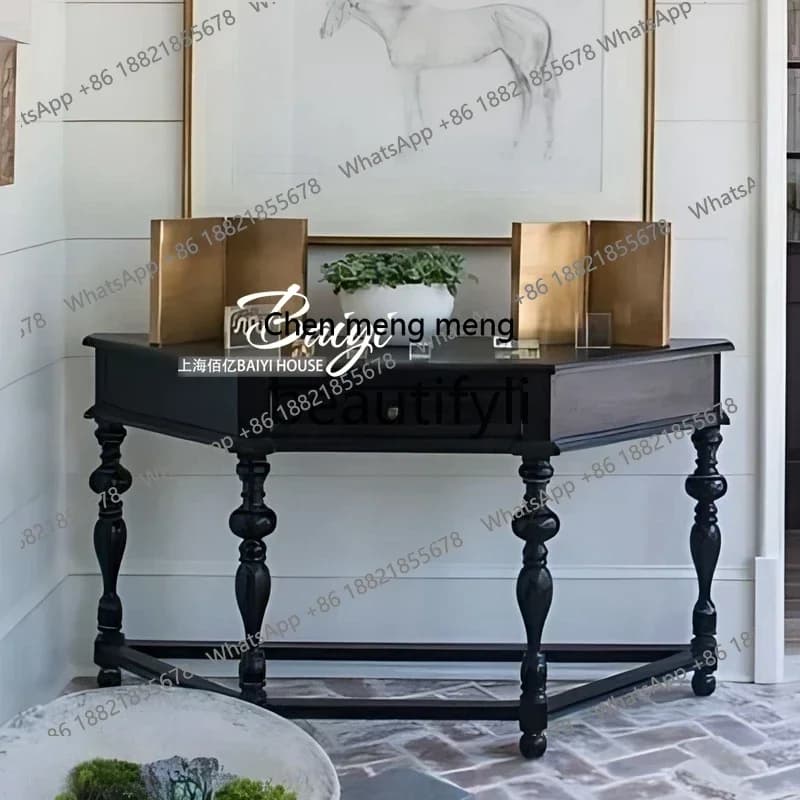 D178  French retro black porch rack solid wood entrance foyer porch cabinet American simple light luxury high sense
