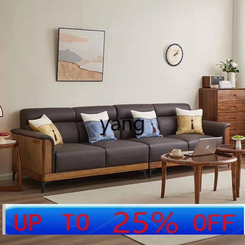 lmm Solid Wood Sofa Italian Minimalist Leather Sofa Home Living Room Four-Seater Straight Sofa