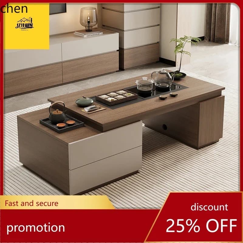 HT Vintage Style  Coffee Table with Integrated Kettle, Embedded Living Room Tea Table, Minimalist Rock Board Small Tea Table