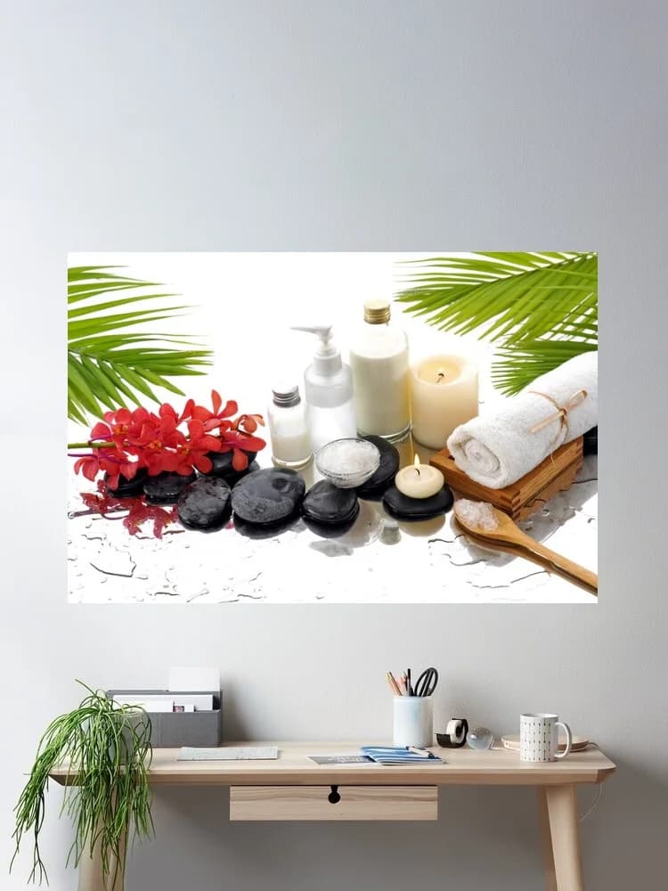 Spa Stones, Candles, Towel, and Flowers, Art Print Canvas Poster, Living Room Decor, Home Wall Picture