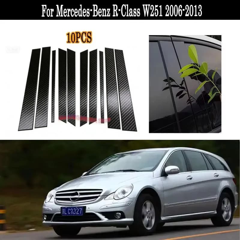 For Mercedes-Benz R-Class W251 2006-2013 10Pcs Gloss Black Carbon Fiber Window Pillar Trim B C Column Cover Full Kit
