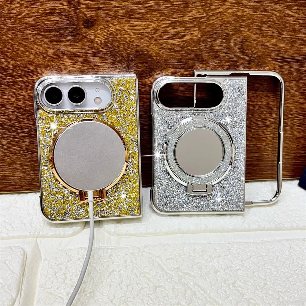 Delicate Fashion Shimmer Makeup Mirror Kickstand Magnetic Phone Case for iPhone Duo Luxury Sparkly Glitter Protective Cover