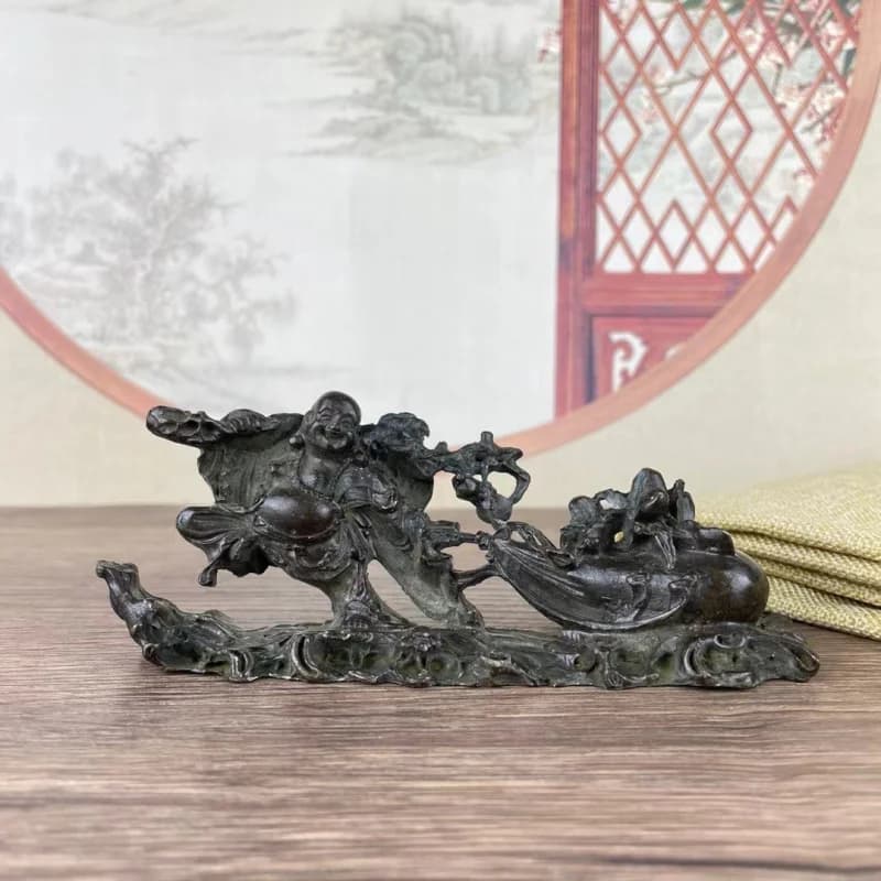 Vintage Bronze Collectible Alloy Bag-Mounted Maitreya Buddha Home Living Room Study Office Desktop Decorative Ornament