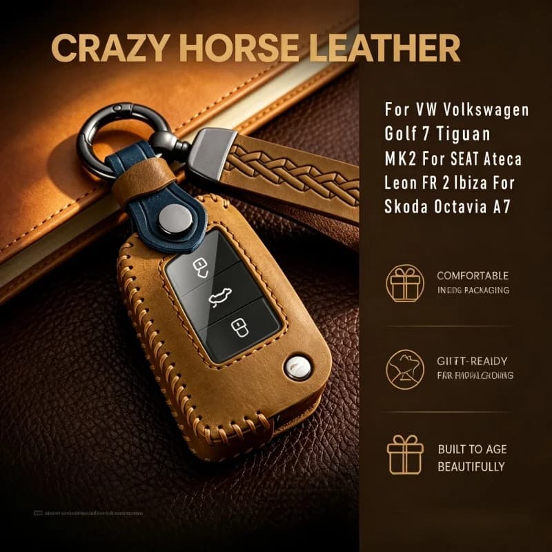 Crazy Horse Leather Key Case For For VW  Golf 7 MK7 Tiguan MK2 For SEAT Ateca Leon FR 2 Ibiza For Skoda Octavia A7 Fob Cover