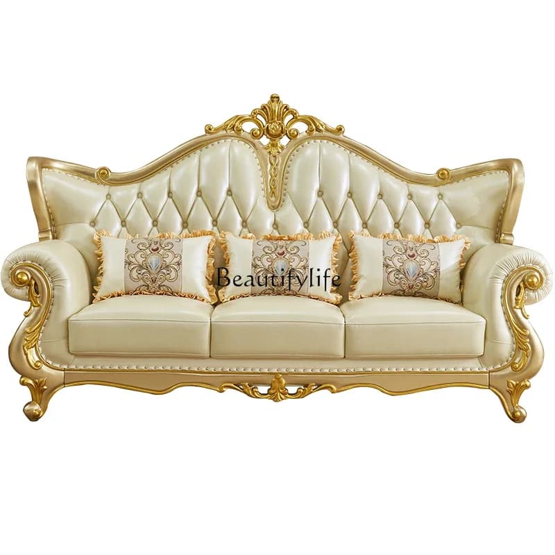 02European leather sofa, villa large apartment living room luxury gold first layer cowhide
