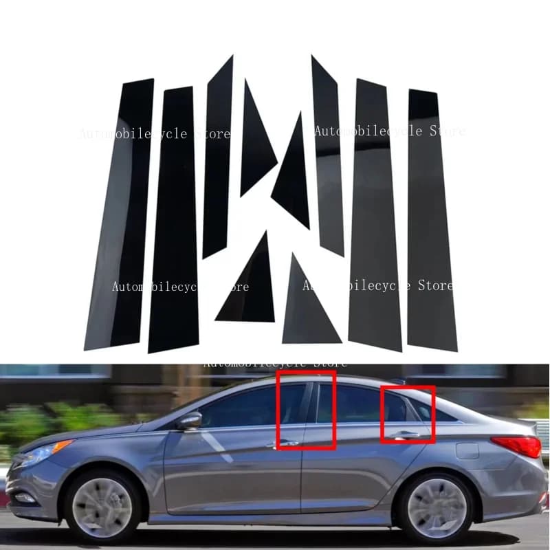 10PCS Glossy Black Pillar Posts Fit For  Hyundai Sonata 2011 2012 2013 2014  Window Moulding B C Center Sticker Cover