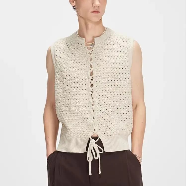 2026 Summer Hollow Rope Placket Sleeveless Solid Color Knitted Sweater Vest Lazy Wind T-shirt Vest