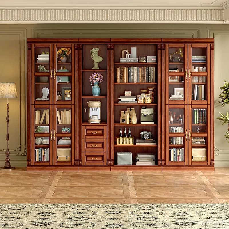 PYJ retro solid wood bookcase study combination mahogany glass door integrated drawer storage locker