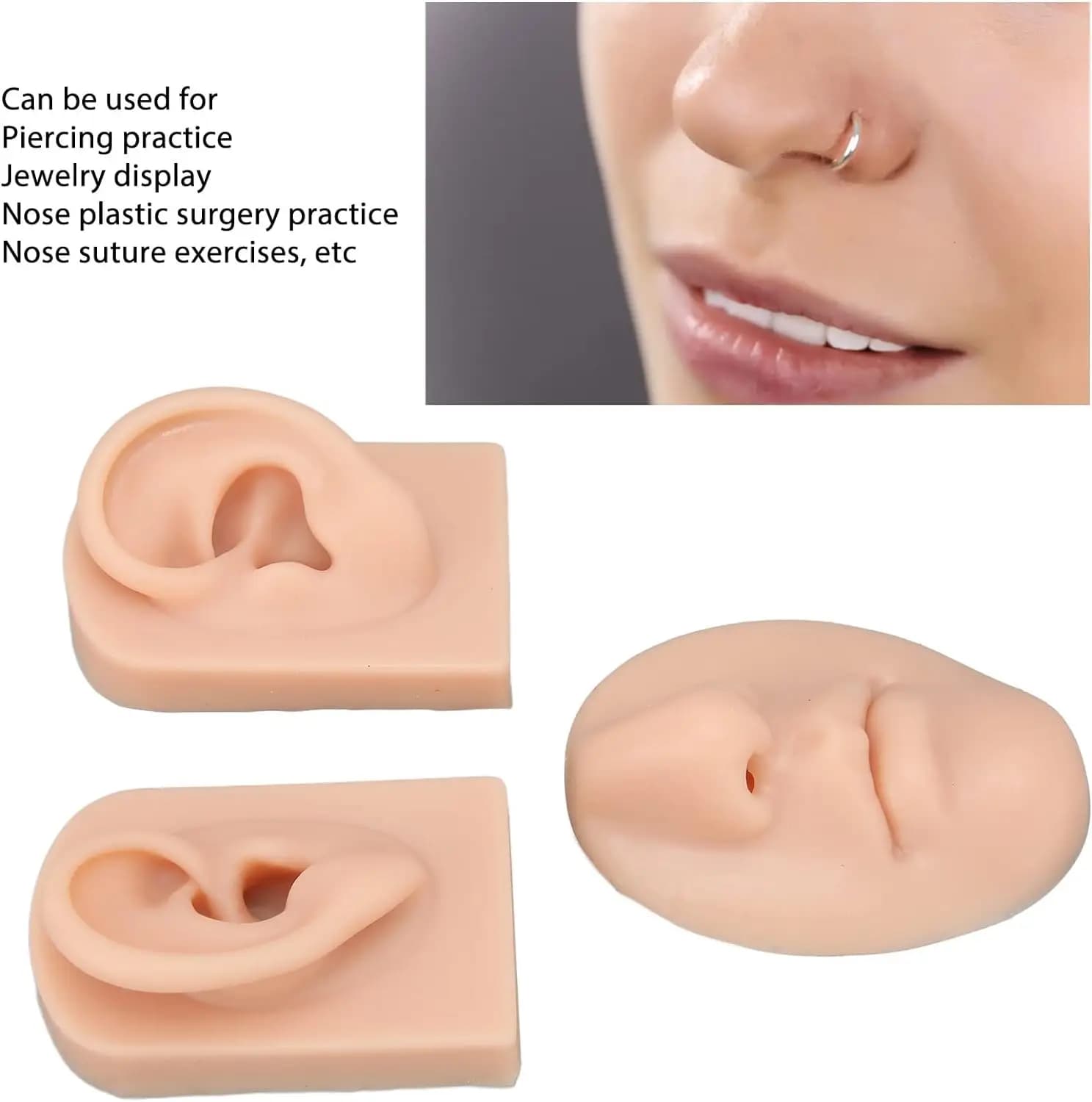 3D Soft Silicone Nose Mouth Ear Model, Flexible Human Body Acupuncture Teaching Display Tool for Jewelry Display Training